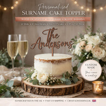 Load image into Gallery viewer, Personalised Cake Topper, Custom Surname Topper, Rustic Wood Last Name topper, Wooden Cake Decoration, Bride and Groom Cake Topper
