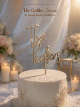Load image into Gallery viewer, Personalized Crystal Wedding Cake Topper: Gold Rhinestone ' THE' - your Surname, Last name topper
