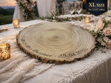 Load image into Gallery viewer, Personalized log Slice Cake Stand, Engraved Rustic wooden Wedding Display stand, Personalised Engraved log Slice, Engagement Dessert Board
