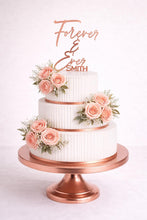 Load image into Gallery viewer, Personalized Rustic Topper, Boho Wedding cake Topper, Personalised wood cake decor, Engagment cake topper
