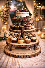Load image into Gallery viewer, Personalized Wood Slice Cake Stand,3 Tier Engraved Rustic Stand 4 tier Wedding stand, Personalised log cupcake stand 5 tier Dessert Display
