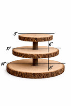 Load image into Gallery viewer, Personalized Wood Slice Cake Stand,3 Tier Engraved Rustic Stand 4 tier Wedding stand, Personalised log cupcake stand 5 tier Dessert Display
