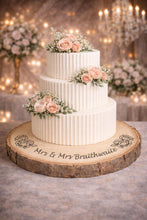 Load image into Gallery viewer, Personalized Wood Slice Cake Stand, Engraved Rustic Wedding Display stand, Personalised Engraved log, Engagment Dessert plate with Roses
