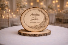 Load image into Gallery viewer, Personalised Rustic Wooden Wedding Cake Topper / Keepsake Log Slice
