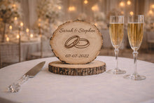 Load image into Gallery viewer, Personalised Rustic Wooden Wedding Cake Topper / Keepsake Log Slice
