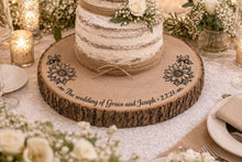 Load image into Gallery viewer, Personalized Wood Slice Cake Stand, Engraved Rustic Wedding stand, Personalised log Engagment Display Board with Sunflowers &amp; Bees
