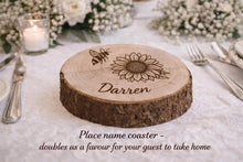 Load image into Gallery viewer, Personalized Wood Slice Cake Stand, Engraved Rustic Wedding stand, Personalised log Engagment Display Board with Sunflowers &amp; Bees
