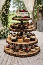 Load image into Gallery viewer, Personalized Wood Slice Cake Stand,3 Tier Engraved Rustic Stand 4 tier Wedding stand, Personalised log cupcake stand 5 tier Dessert Display
