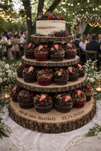 Load image into Gallery viewer, Personalized Wood Slice Cake Stand,3 Tier Engraved Rustic Stand 4 tier Wedding stand, Personalised log cupcake stand 5 tier Dessert Display
