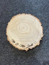 Load image into Gallery viewer, Personalized Wood Slice Cake Stand, Engraved Rustic Wedding Display stand, Personalised Engraved log Slice, Engagement Dessert Display Board
