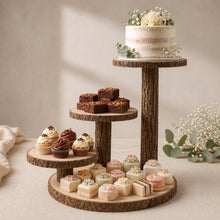 Load image into Gallery viewer, Personalized Log Slice Cake Stand, Stepped 3,4,or 5 Tier Engraved Rustic Wedding stand, Personalised wooden cupcake Dessert Display
