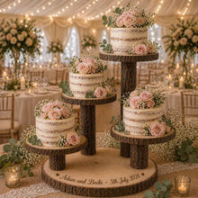Load image into Gallery viewer, Personalized Log Slice Cake Stand, Stepped 3,4,or 5 Tier Engraved Rustic Wedding stand, Personalised wooden cupcake Dessert Display
