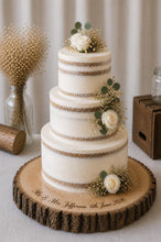 Load image into Gallery viewer, Personalized Wood Slice Cake Stand, Premium quality Varnished Engraved Rustic Wedding Display stand, Personalised log Slice
