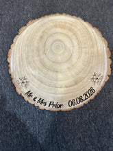 Load image into Gallery viewer, Rustic Personalised Log Slice, Wedding Cake Stand, Engraved Wood Wedding Cake Board Engagement Dessert Board
