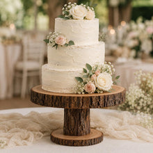 Load image into Gallery viewer, Personalized Wood Slice Cake Stand, Engraved Rustic Wedding Display stand, Personalised Engraved log Slice, Engagement Pedestal cake stand
