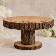 Load image into Gallery viewer, Personalized Wood Slice Cake Stand, Engraved Rustic Wedding Display stand, Personalised Engraved log Slice, Engagement Pedestal cake stand
