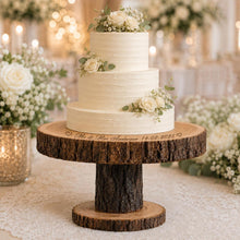 Load image into Gallery viewer, Personalized Wood Slice Cake Stand, Engraved Rustic Wedding Display stand, Personalised Engraved log Slice, Engagement Pedestal cake stand
