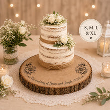 Load image into Gallery viewer, Personalized Wood Slice Cake Stand, Engraved Rustic Wedding stand, Personalised log Engagment Display Board with Sunflowers &amp; Bees
