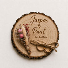 Load image into Gallery viewer, Personalised Wedding ring holder, Rustic Wood log ring cushion with dried flowers, wedding rings log slice , wedding gift
