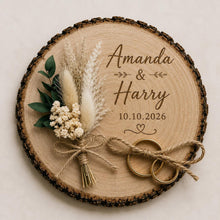 Load image into Gallery viewer, Personalised Wedding ring holder, Rustic Wood log ring cushion with dried flowers, wedding rings log slice , wedding gift
