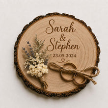 Load image into Gallery viewer, Personalised Wedding ring holder, Rustic Wood log ring cushion with dried flowers, wedding rings log slice , wedding gift
