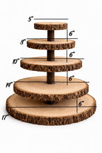Load image into Gallery viewer, Personalized Wood Slice Cake Stand,3 Tier Engraved Rustic Stand 4 tier Wedding stand, Personalised log cupcake stand 5 tier Dessert Display
