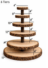 Load image into Gallery viewer, Personalized Wood Slice Cake Stand,3 Tier Engraved Rustic Stand 4 tier Wedding stand, Personalised log cupcake stand 5 tier Dessert Display
