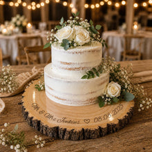 Load image into Gallery viewer, Personalized Wood Slice Cake Stand, Premium quality Varnished Engraved Rustic Wedding Display stand, Personalised log Slice
