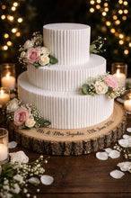 Load image into Gallery viewer, Personalized Wood Slice Cake Stand, Premium quality Varnished Engraved Rustic Wedding Display stand, Personalised log Slice
