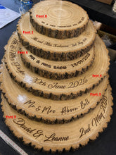 Load image into Gallery viewer, Personalized Wood Slice Cake Stand, Premium quality Varnished Engraved Rustic Wedding Display stand, Personalised log Slice
