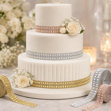 Load image into Gallery viewer, Diamante Effect Cake Trim Ribbon, Rectangle Stud Wedding Cake Banding, Crystal Look Craft Trim, Gold Silver Rose Gold Cake Decoration
