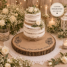 Load image into Gallery viewer, Personalized Wood Slice Cake Stand, Engraved Rustic Wedding stand, Personalised log Engagment Display Board with Sunflowers &amp; Bees
