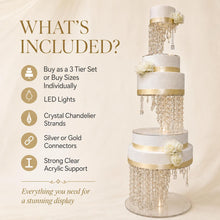 Load image into Gallery viewer, Crystal Chandelier Wedding Cake Stand LED Illuminated Cake Centrepiece Tall Luxury Floating Cake Display Illusion 3 tier set
