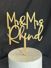 Load image into Gallery viewer, Gold Wedding cake topper, Personalized cake topper, Rustic wedding cake topper, Custom Mr Mrs topper, Anniversary Cake toppers, Wood topper
