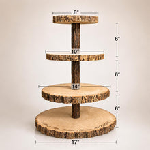 Load image into Gallery viewer, Personalized Wood Slice Cake Stand,3 Tier Engraved Rustic Stand 4 tier Wedding stand, Personalised log cupcake stand 5 tier Dessert Display
