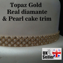 Load image into Gallery viewer, Cake stand, Ivory Pearl and gold crystals, Drape design - round or square by Crystal wedding uk
