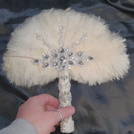 Ostrich Feather Fan Wedding Bouquet: Rhinestone & Pearl Detail