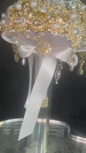 Gold Crystal Brooch Bouquet, Gatsby Style Wedding Cascade