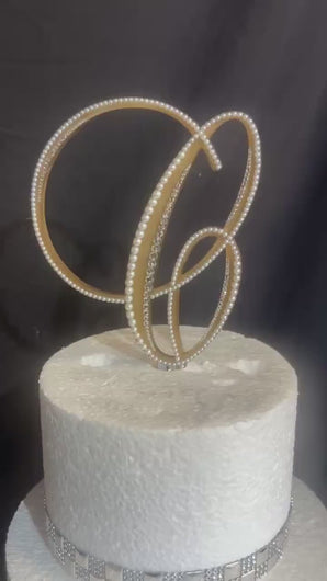 Pearl Rhinestone Letter Cake Topper: Gold Base Monogram Decor (6")