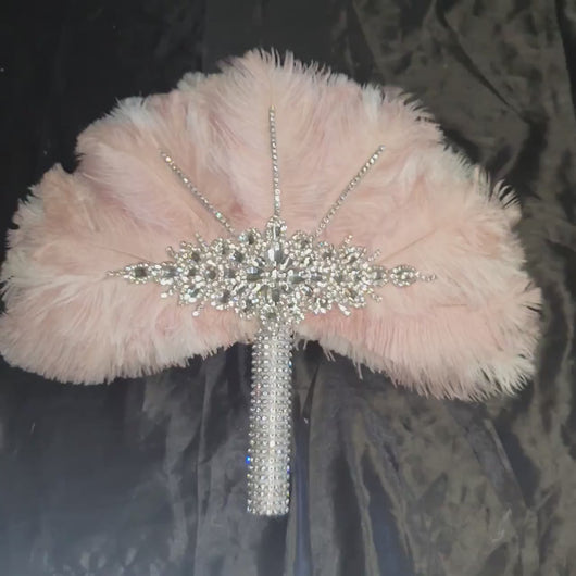 Blush Pink Ostrich Feather Bridal Fan – Luxury Wedding Hand Fan Bouquet Alternative – Gatsby Bridal Accessory