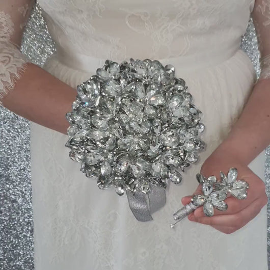 Crystal Wedding Bouquet – Handmade Clear Glass Bridal Bouquet, Sparkling Bridal Flower Keepsake, Swarovski-Style Bridal Bouquet