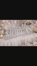 Load and play video in Gallery viewer, Mr &amp; Mrs PLUS  last name Surname 8 LETTERS  standing wedding sign, bling name sign, rhinestone Swarovski Crystal Top table table sign
