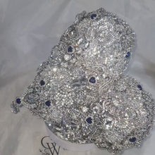 Load and play video in Gallery viewer, Something blue Brooch bouquet Heart shaped, trailing,cascading, jewel heart wedding bouquet. by Crystal wedding uk
