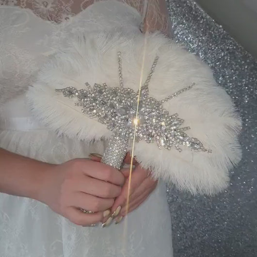 4pcs Feather Fan Bouquet Set, Ostrich ,Rhinestone Crystal, 1920s Wedding bouquet