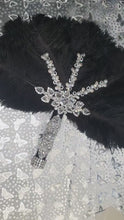 Load and play video in Gallery viewer, Black Ostrich Feather Fan Bridal Bouquet, Crystal Pearl Wedding Fan, Luxury Gothic Gatsby Bride Hand Fan, Alternative Wedding Bouquet
