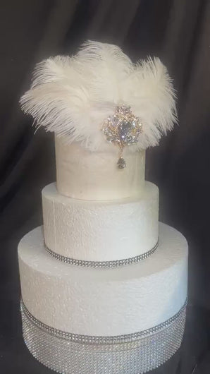 Vintage Ostrich Feather Cake Topper, Rhinestone Brooch, 1920s Gatsby Decor
