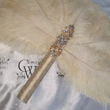 Load and play video in Gallery viewer, Brides lvory Feather 12in Fan, personalised brooch bouquet,  Alternative  Bouquet artificial by Crystal wedding uk
