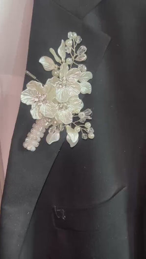 Ivory flower boutionerre lapel pin for groom and groomsmen,  bouquet by crystal wedding uk