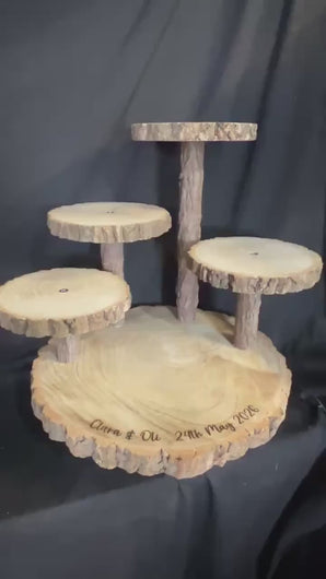 Personalized Log Slice Cake Stand, Stepped 3,4,or 5 Tier Engraved Rustic Wedding stand, Personalised wooden cupcake Dessert Display