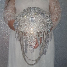 Load and play video in Gallery viewer, Crystal Brooch Wedding Bouquet: 10" Jewel Cascade, Grooms Buttonhole
